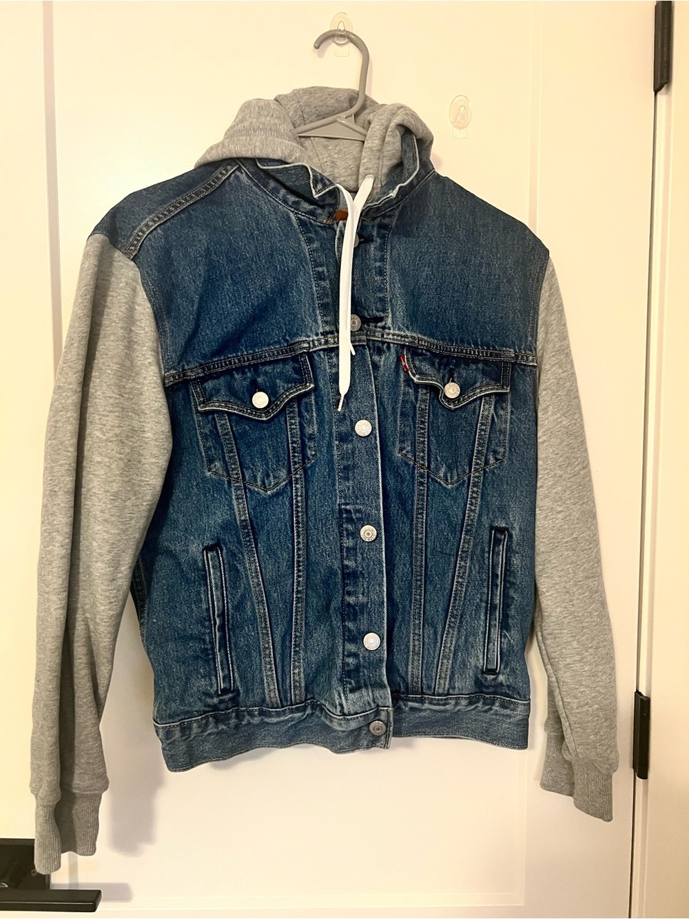 Levi's Dark Blue Denim Jacket with Gray Hoodie Sleeves
